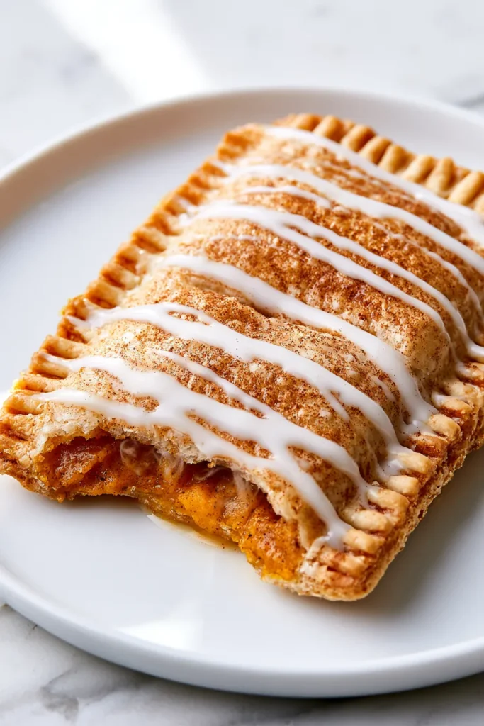 Homemade pumpkin pop tart with cinnamon sugar coating and white icing drizzle on a white plate