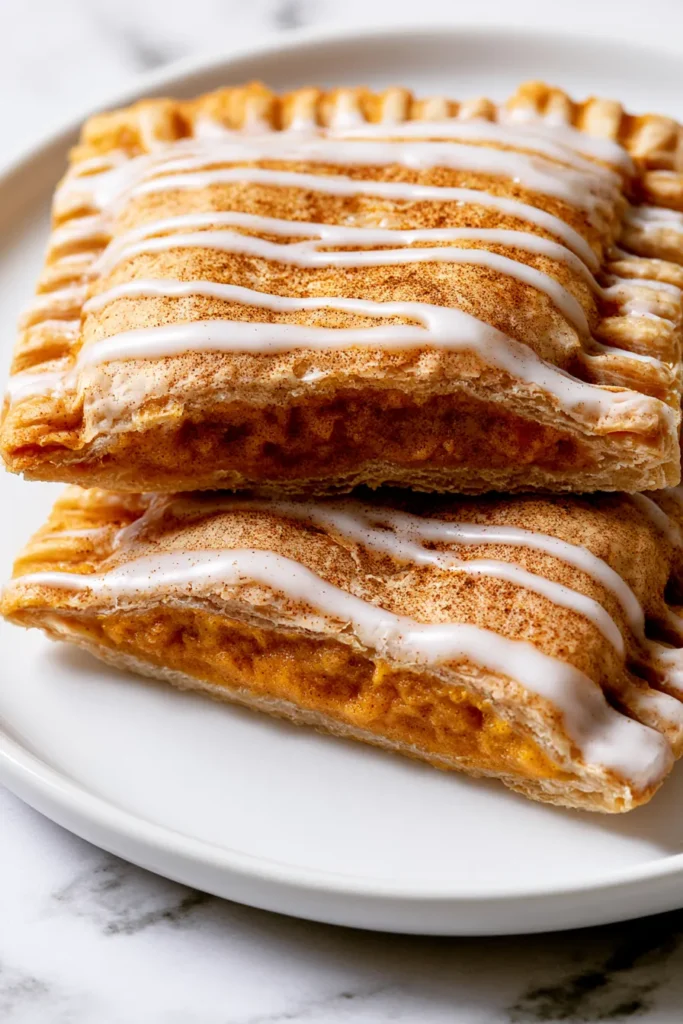 Stacked homemade pumpkin pop tarts with flaky pastry crust and white glaze drizzle on a white plate