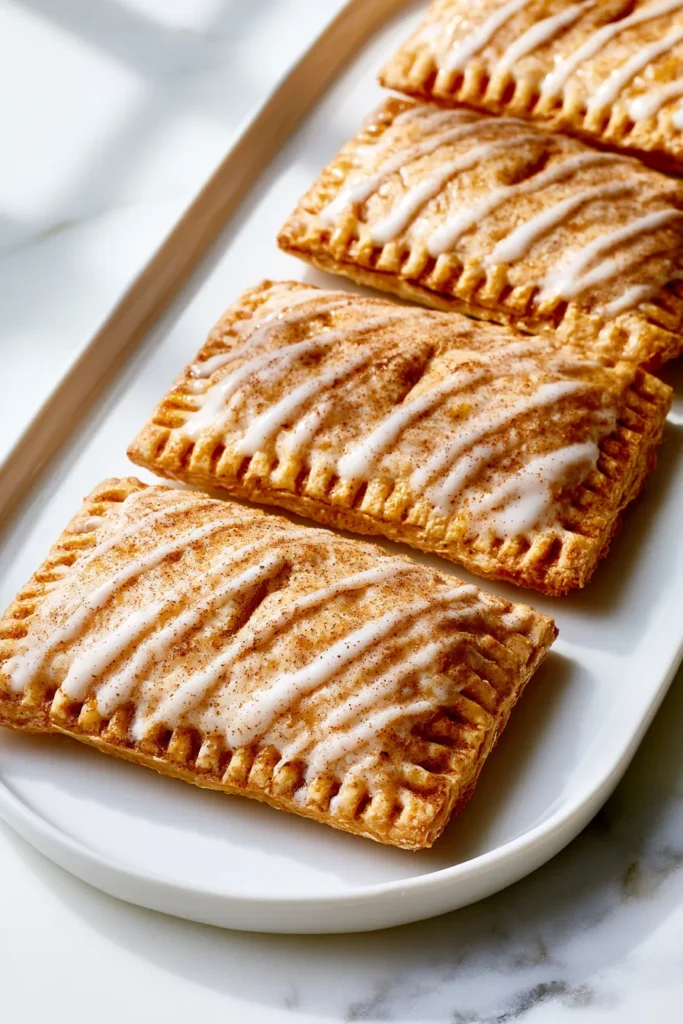 Four golden pumpkin pop tarts with white cinnamon glaze drizzle arranged on a white oval plate