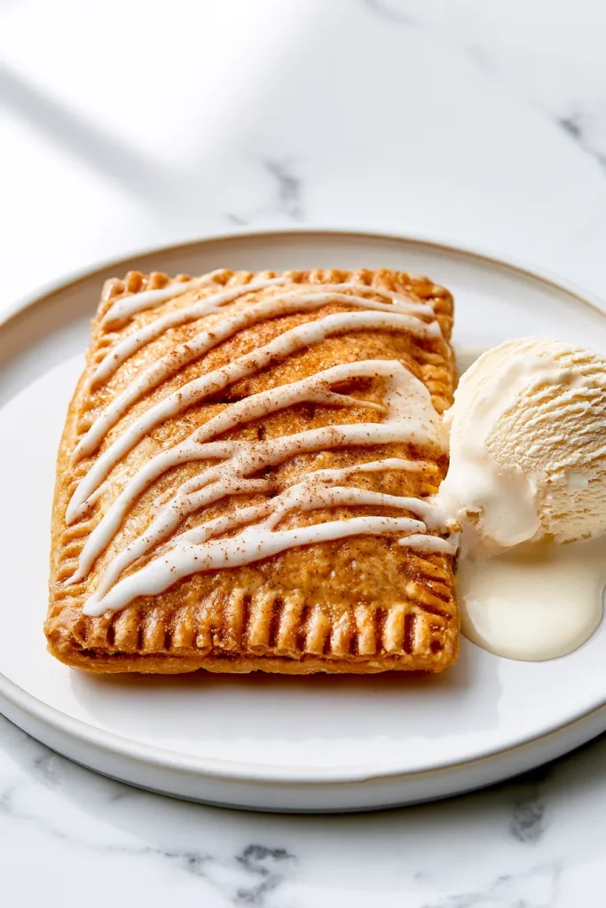 Homemade pumpkin pop tart with cinnamon glaze drizzle and a scoop of vanilla ice cream on a white plate