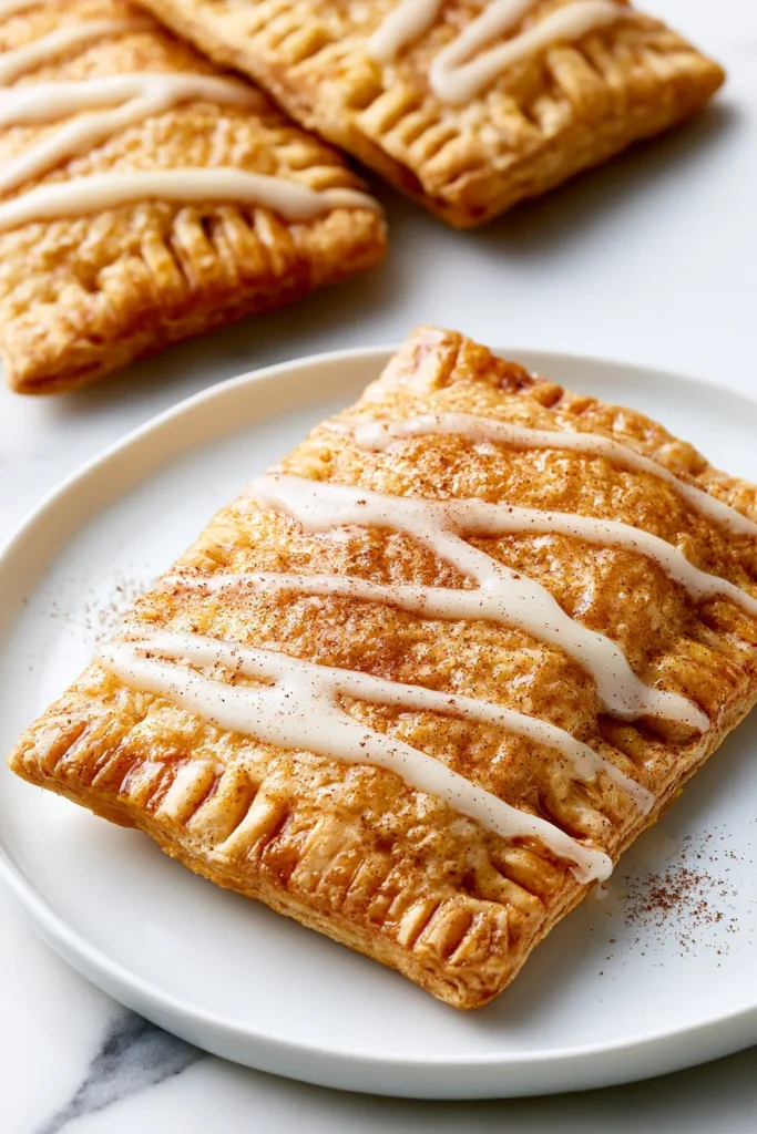 Golden pumpkin pop tart with white glaze drizzle and cinnamon sugar on a white plate, with more tarts in background