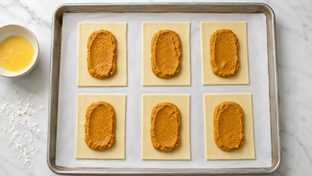 Pumpkin filling piped onto six vanilla pastry squares on a parchment-lined baking sheet, with egg wash in a small bowl