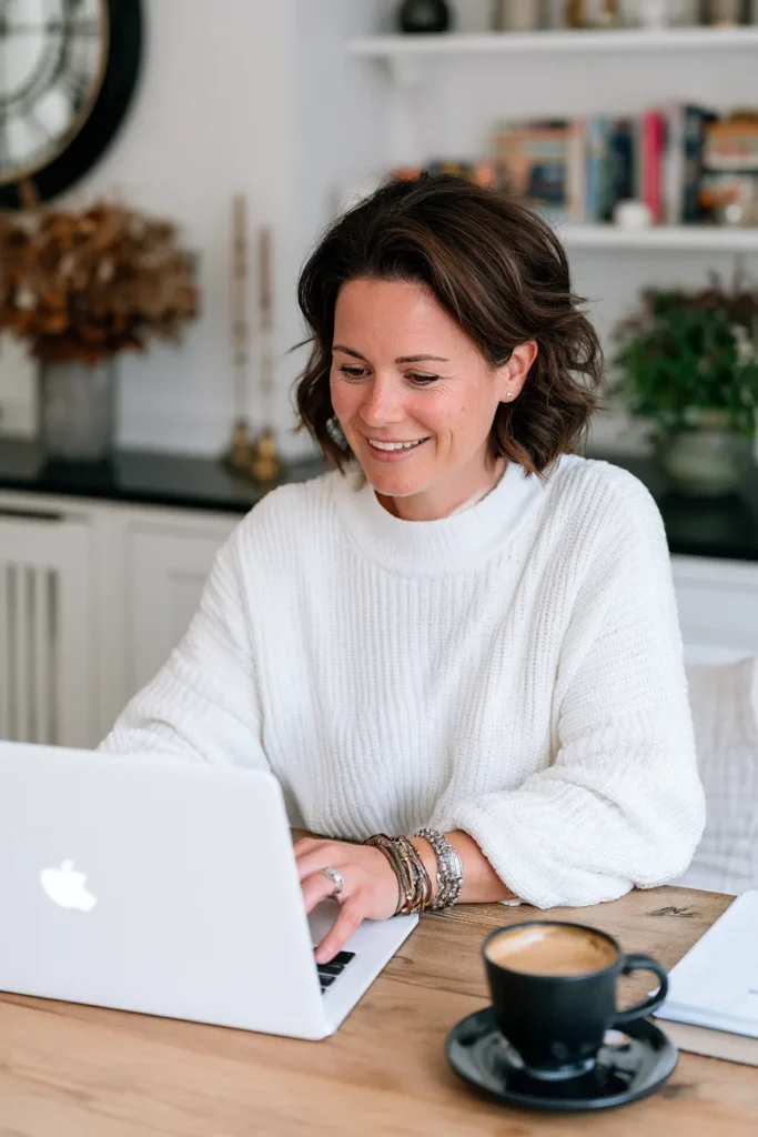 Woman in cream sweater smiling while typing on laptop at wooden desk with coffee cup, shelves with books and plants in background, side hustle ideas