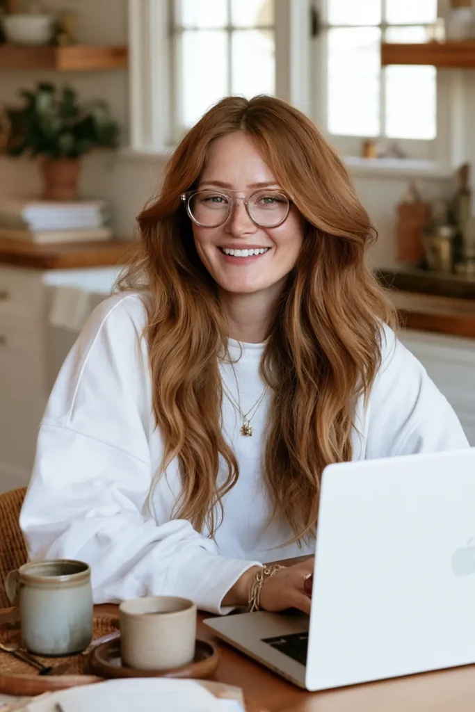 Smiling woman with reddish-brown wavy hair and glasses working at a laptop at a wooden desk with coffee cups nearby; side hustle