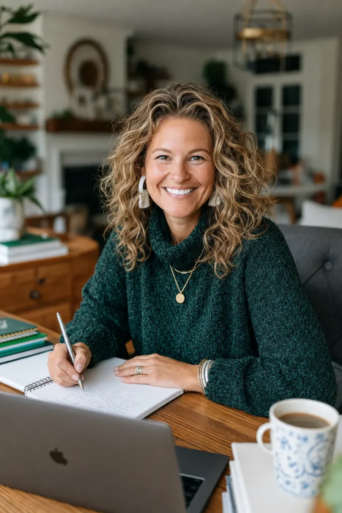 Woman with curly blonde hair smiling at desk while writing in notebook, laptop and coffee cup nearby in bright home office
