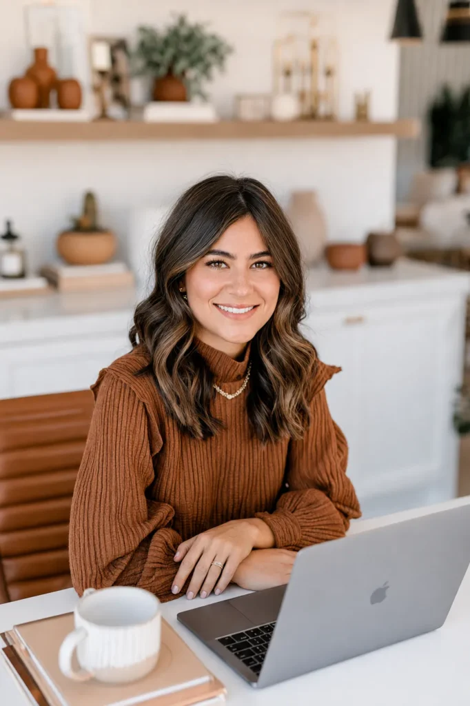 Woman in rust sweater smiling at desk with laptop and coffee mug, minimalist home office with shelves behind her; side hustle