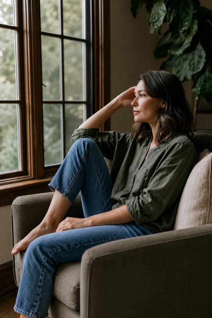 Woman in olive shirt and jeans sitting thoughtfully by a large window, gazing outside