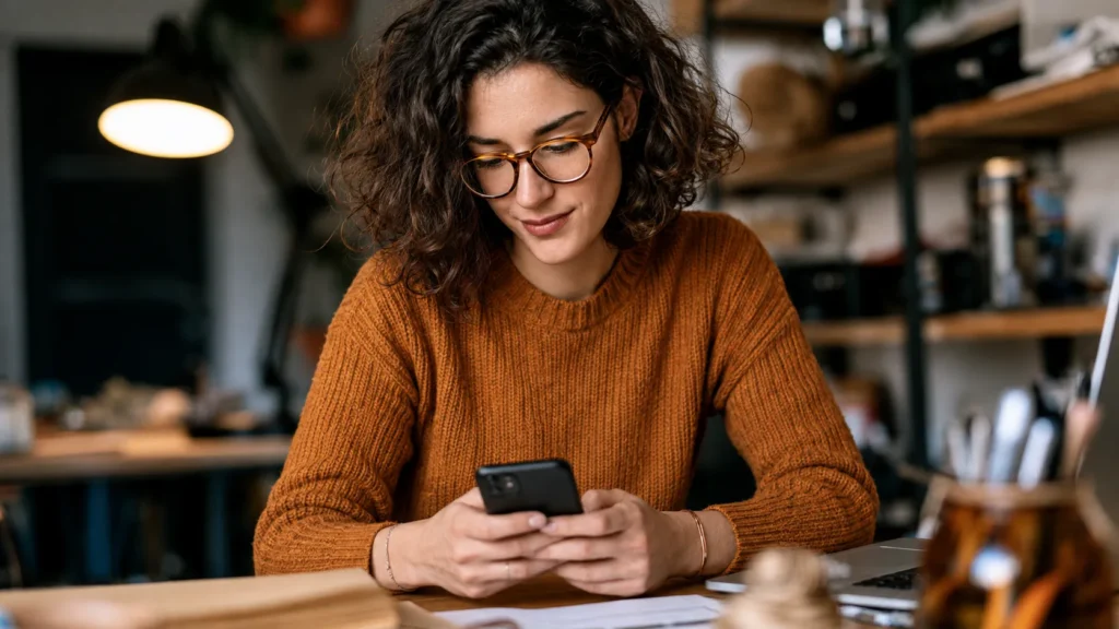 Woman in ochre sweater and glasses looking at phone at wooden desk with laptop and shelving in warm-lit workspace