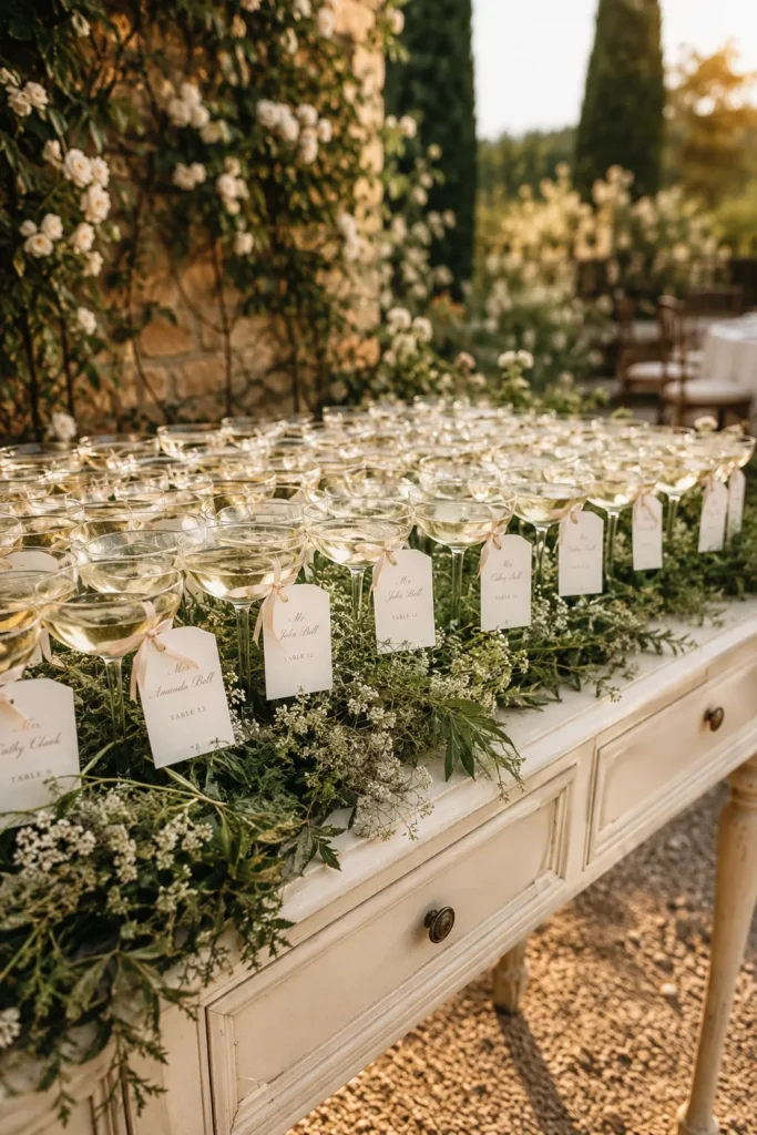 White wine glasses with place card tags arranged on cream console table decorated with green foliage and baby's breath flowers