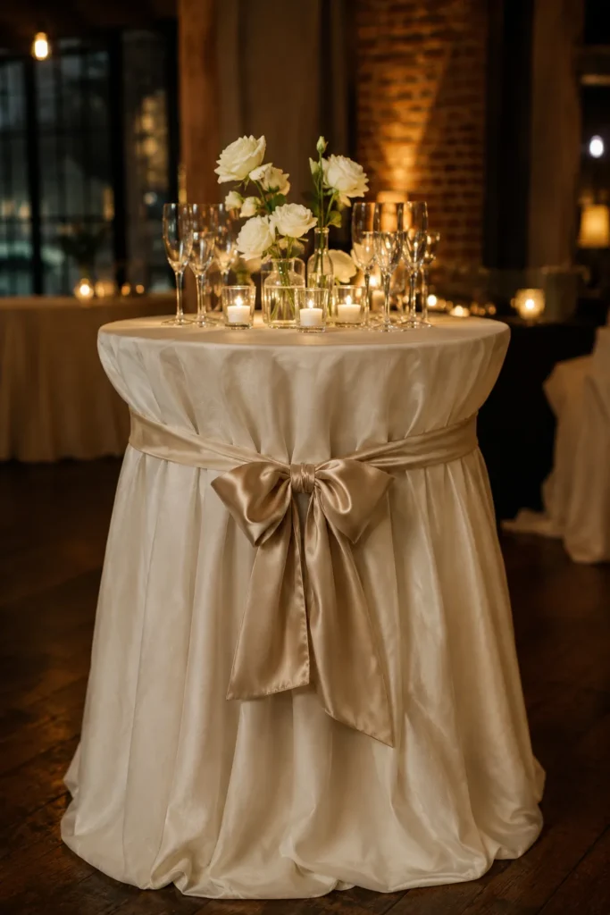 Elegant cocktail table draped in cream fabric with gold bow, topped with white roses and candlelit glassware in warm-lit venue