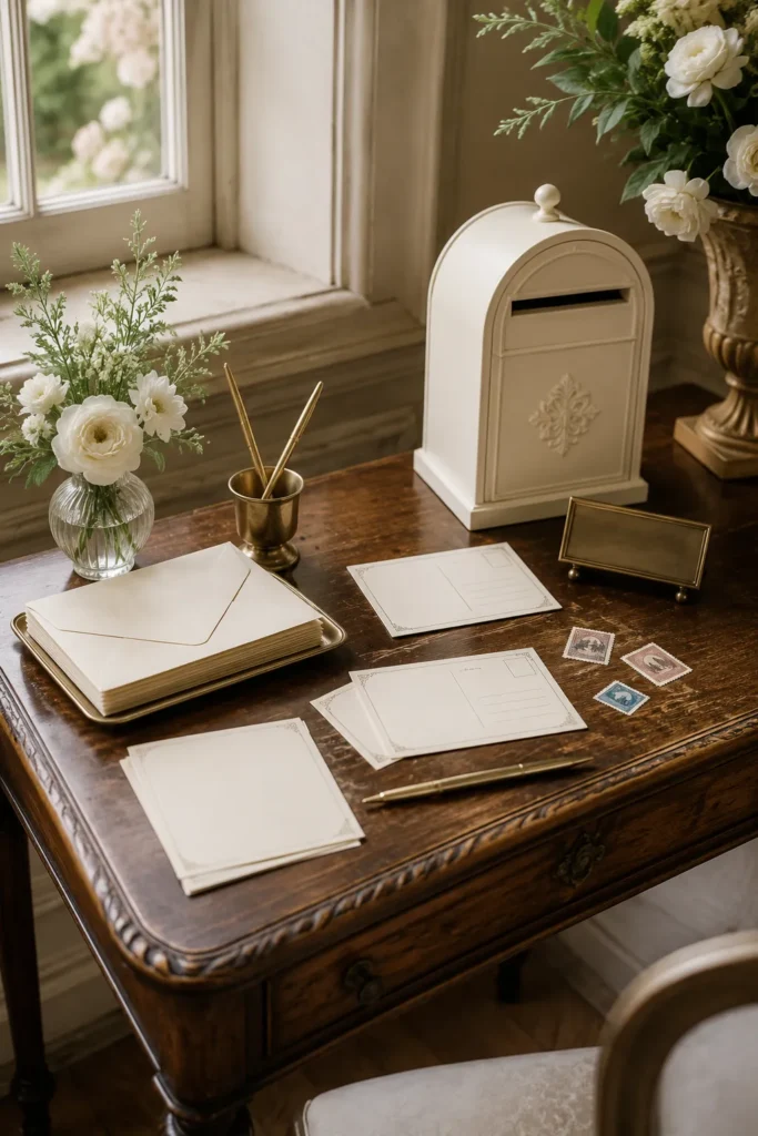 Elegant wooden desk styled with white stationery, cream mailbox, fresh white flowers in glass vase, and brass pen holder near sunny window
