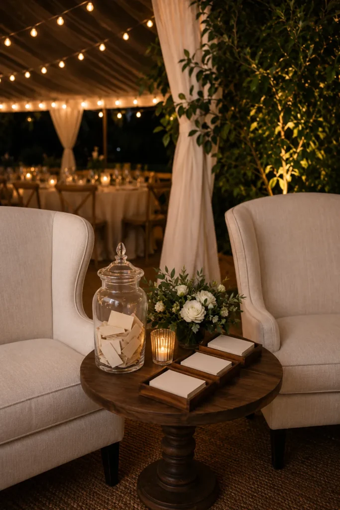 Elegant outdoor wedding reception lounge area with cream-colored chairs, wooden table decorated with white flowers, glass jar, and candlelight, surrounded by string lights and climbing vines at night