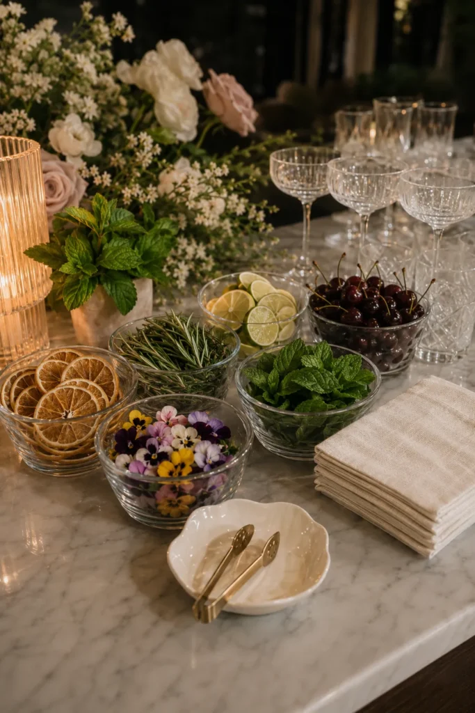 Elegant marble table setting with cocktail glasses, fresh flowers, citrus slices, cherries, edible pansies, rosemary sprigs, and gold cutlery arranged for an upscale event