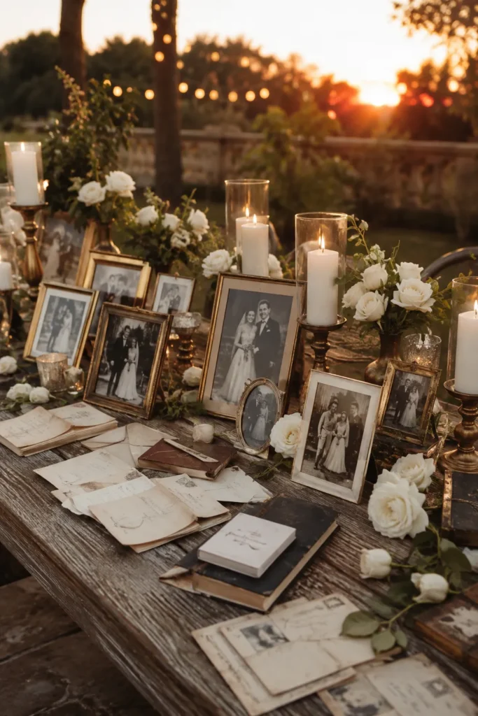 Outdoor wedding reception table at sunset with gold-framed family photos, white roses, lit candles in glass holders, and vintage letters scattered across dark wood surface