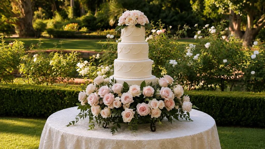 Three-tier white wedding cake with pearl piping topped with blush roses, surrounded by a lush arrangement of pink and peach roses on a white tablecloth in a manicured garden setting