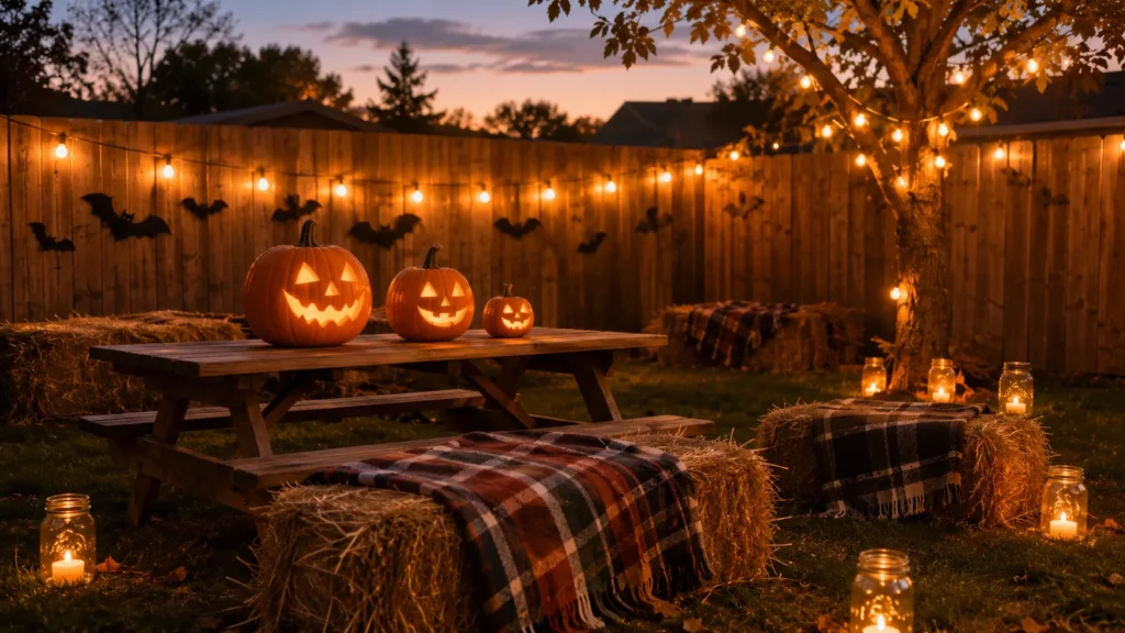 Backyard Halloween setup with carved jack-o'-lanterns on picnic table, hay bales with plaid blankets, string lights, bat decorations, and glowing candles at dusk