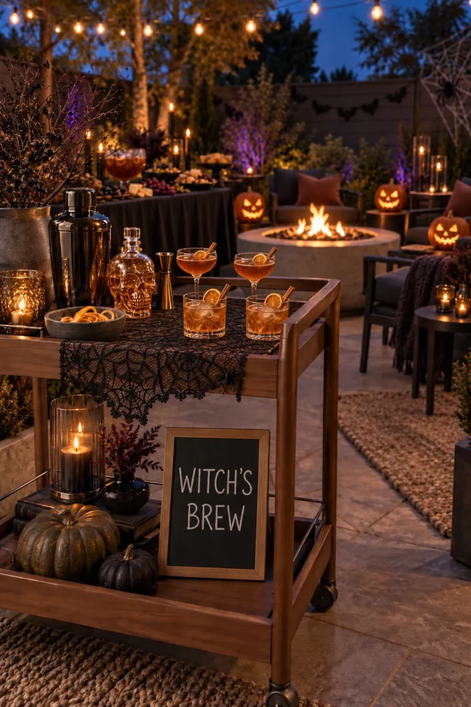 Outdoor Halloween party setup with cocktail cart labeled "Witch's Brew," amber drinks, pumpkins, black lace, glowing jack-o'-lanterns, fire pit, and string lights in the background at dusk