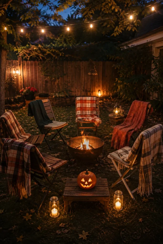 Cozy backyard fire pit surrounded by camping chairs draped with plaid blankets, a glowing jack-o'-lantern, and string lights overhead at dusk