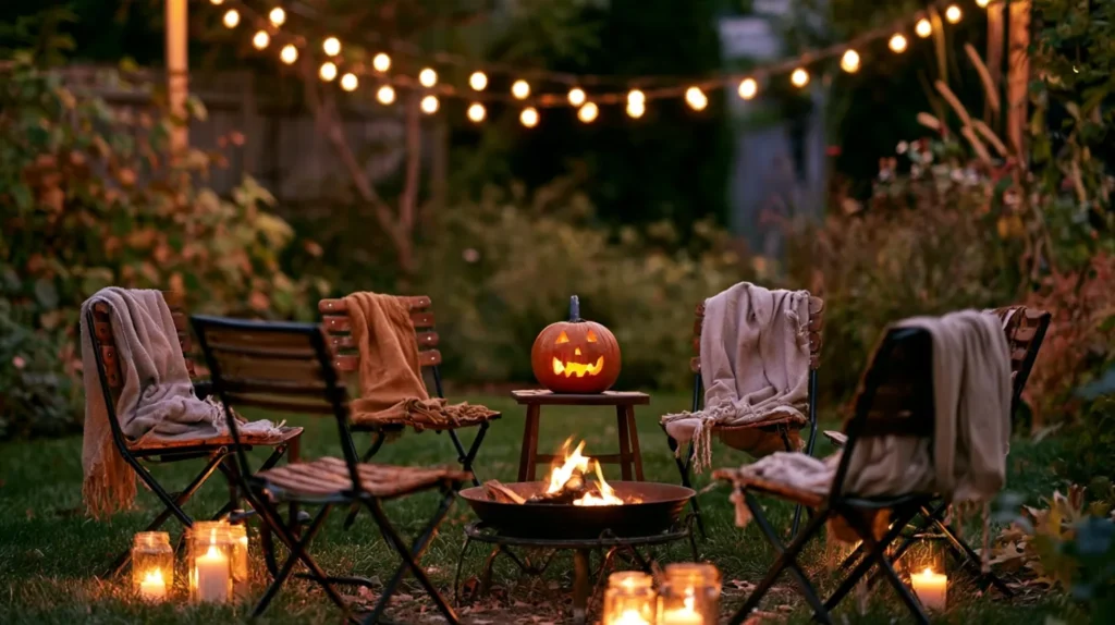 Backyard Halloween setup with camping chairs draped in blankets around a fire pit, glowing jack-o'-lantern, string lights, and lit candles on grass