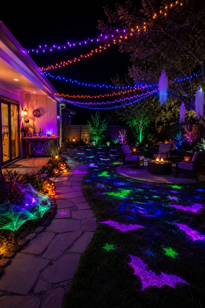 Outdoor patio decorated with colorful string lights strung overhead in purple, blue, and orange, illuminated bushes in green and purple, jack-o'-lanterns along the pathway, and a fire pit with seating area at night