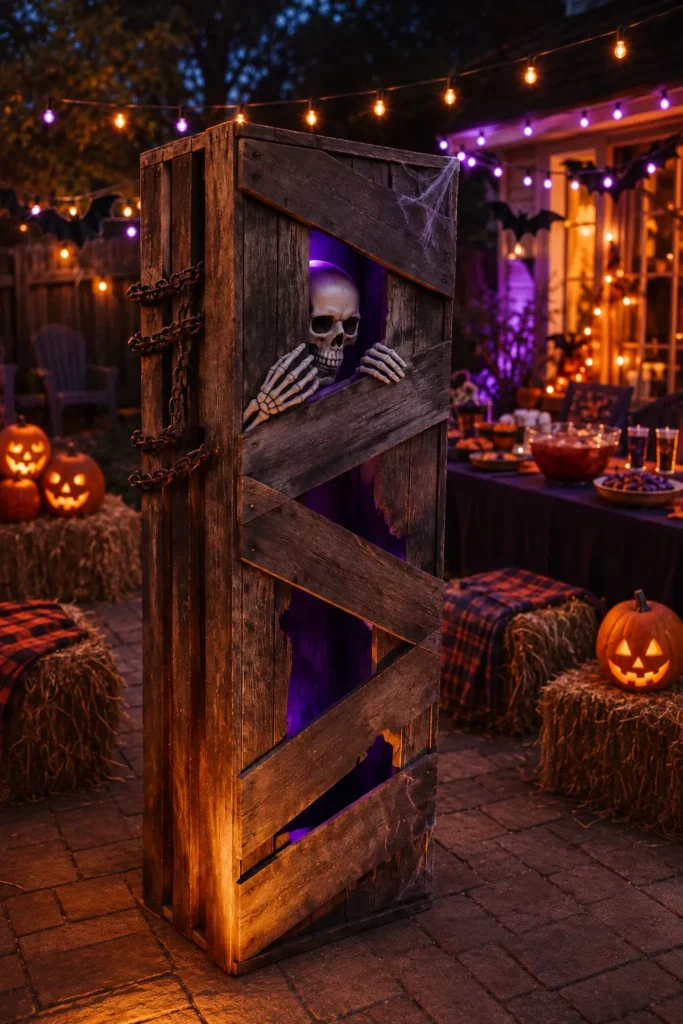 Skeleton prop peering through weathered wooden door frame in backyard Halloween party setup with jack-o'-lanterns, string lights, and hay bales