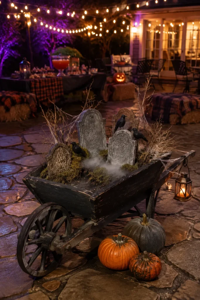 Spooky outdoor display with a wheelbarrow holding tombstones, fog, and bare branches, surrounded by pumpkins under warm string lights and purple uplighting