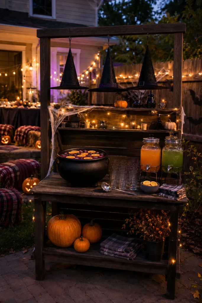 Backyard Halloween party setup with wooden bar decorated with hanging witch hats, glowing string lights, black cauldron with floating candles, orange and green beverages in dispensers, and pumpkins displayed below