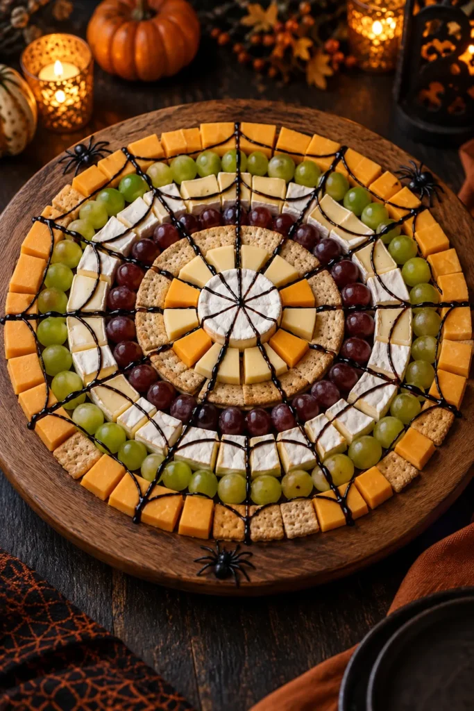 Wooden platter with Halloween spider web made from cheese, crackers, and grapes, surrounded by decorative spiders and autumn décor
