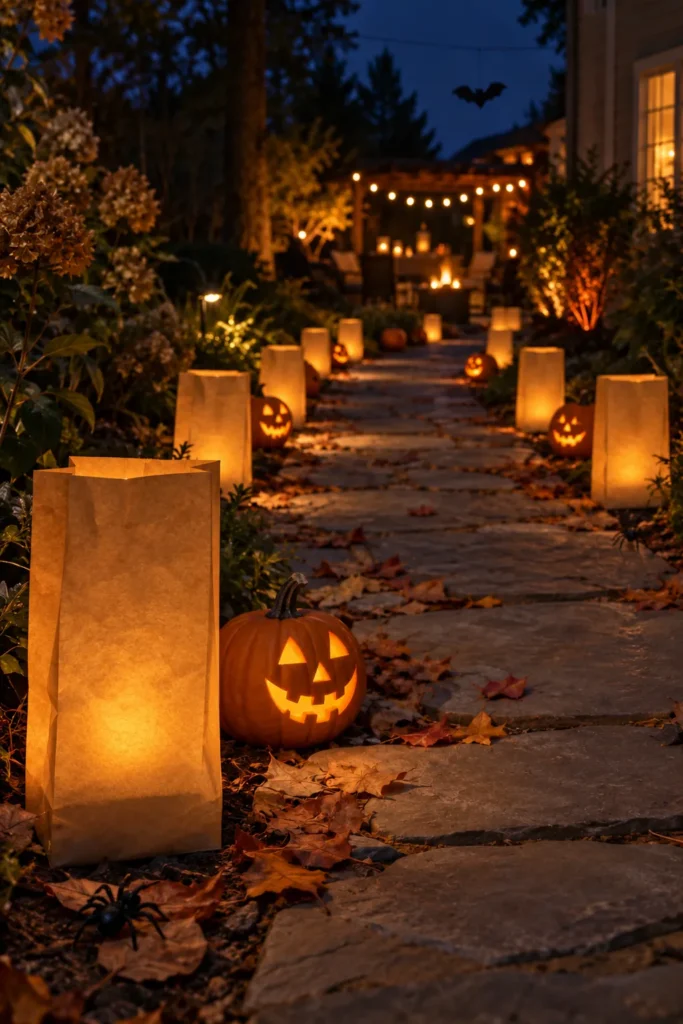 Illuminated paper bag luminaries and carved jack-o'-lantern line a stone pathway at dusk, with string lights and evergreens in background