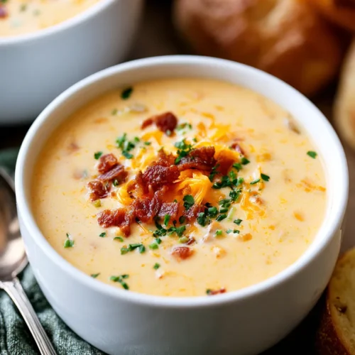 Creamy beer cheese soup in a white bowl topped with crispy bacon, shredded cheddar, and fresh chives, served with bread