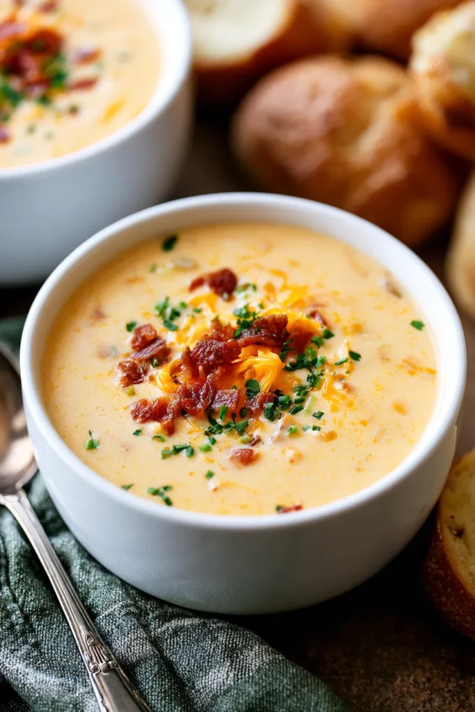 Creamy beer cheese soup in a white bowl topped with crispy bacon, shredded cheddar, and fresh chives, served with bread