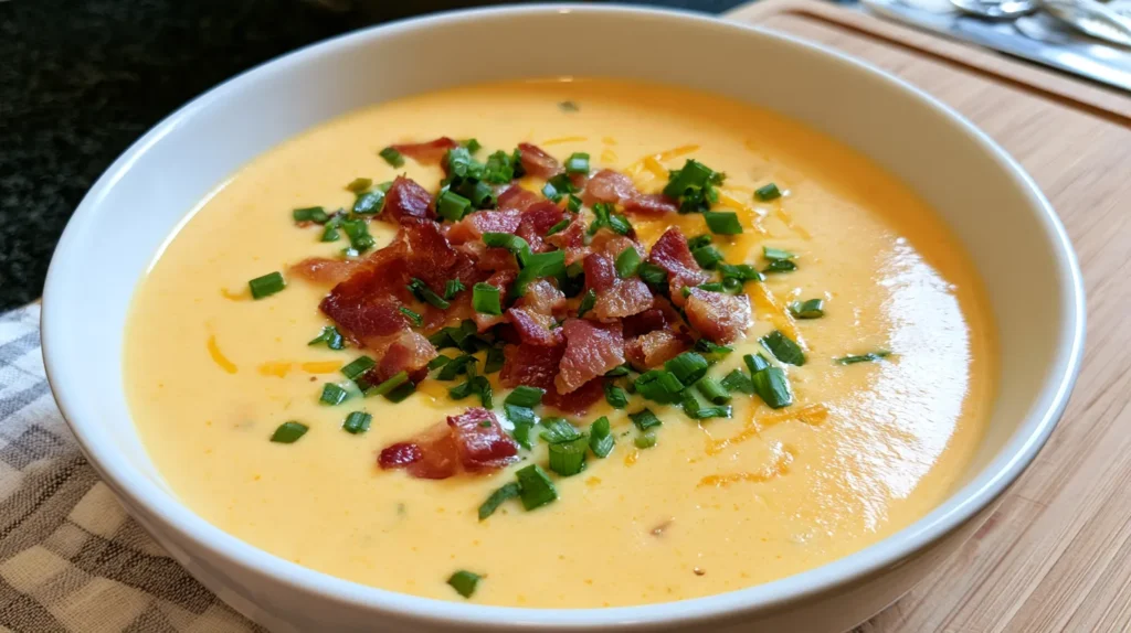 Creamy beer cheese soup topped with crispy bacon bits and fresh green onions in a white bowl