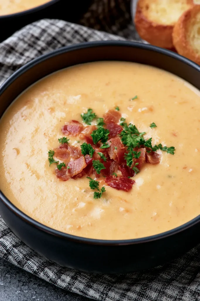 Creamy beer cheese soup in a black bowl, garnished with crispy bacon pieces and fresh parsley