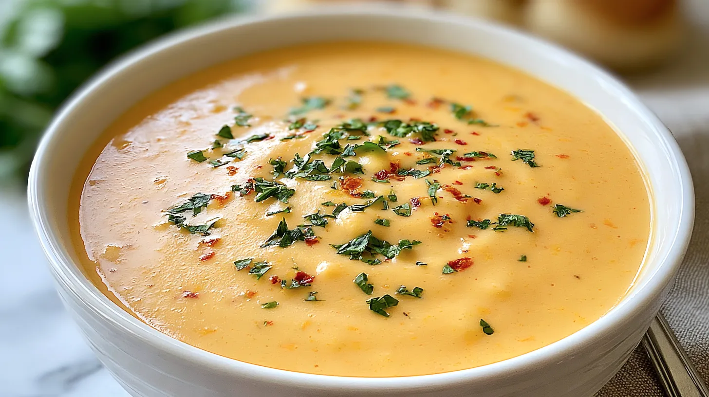 Creamy golden beer cheese soup in a white bowl, topped with fresh chives and red pepper flakes