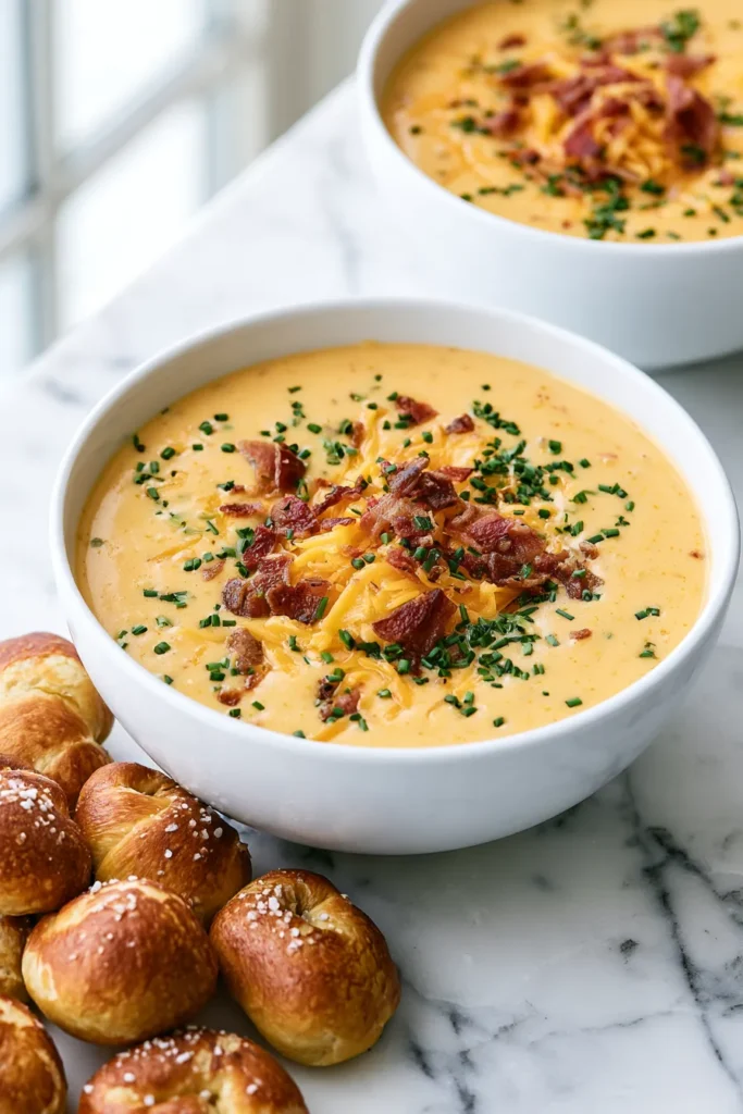 Creamy beer cheese soup topped with crispy bacon bits and fresh chives in white bowls, served with soft pretzel rolls on marble countertop