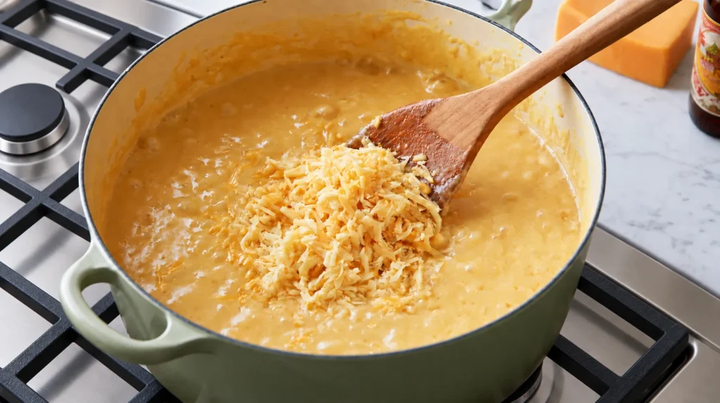 Wooden spoon stirring shredded cheddar cheese into creamy beer cheese soup in a green pot on the stove