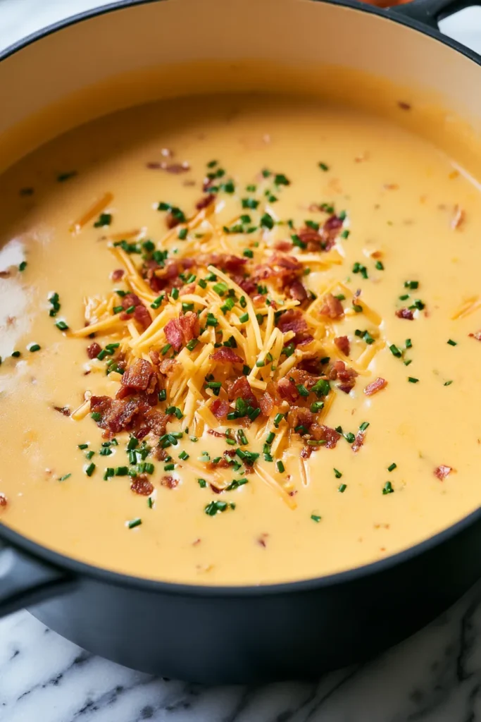 Creamy beer cheese soup in a black pot topped with crispy bacon bits, shredded cheddar, and fresh chives