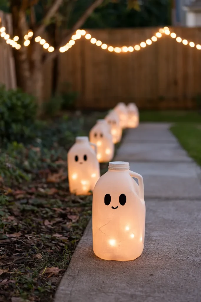 Glowing milk jug ghosts with friendly faces line a garden pathway at dusk, with warm string lights draped above a wooden fence