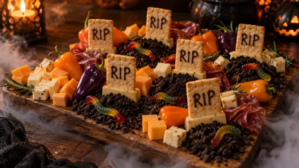 Halloween charcuterie board with crackers carved as gravestones, crushed cookies as dirt, gummy worms, and cheese and cured meat pieces on wooden board with dry ice fog