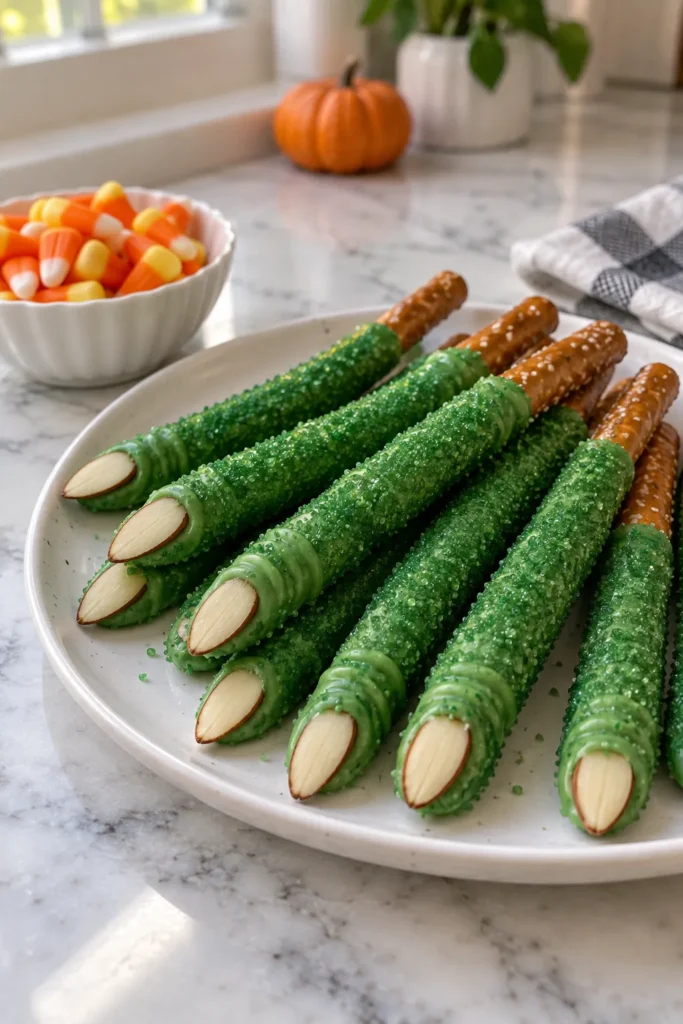 Green pretzel rods dipped in coating with almond slices on white plate, candy corn in bowl behind, autumn kitchen display