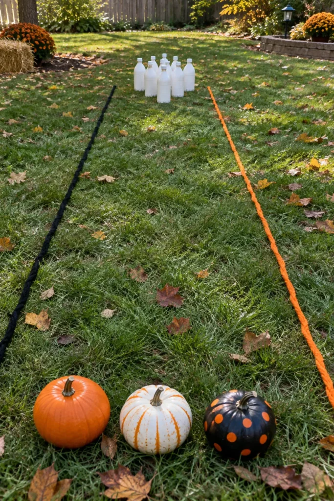 Backyard Halloween bowling setup with three painted pumpkins, white pins, and orange and black rope lanes on grass