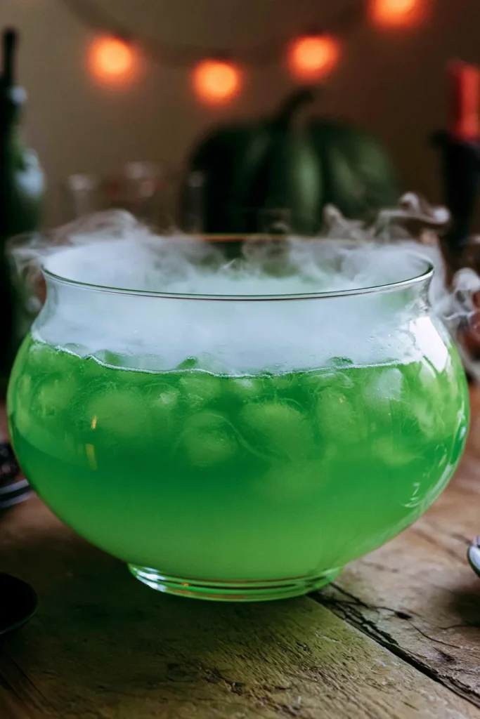 Bright green witch's punch in a round bowl with dry ice fog cascading over the rim, set on a wooden table with warm orange lights blurred in the background
