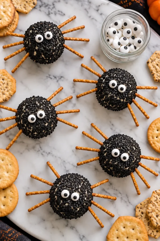 Five black sesame ball spiders with pretzel legs and candy eyes on marble surface, surrounded by crackers and a jar of white eyeball candies