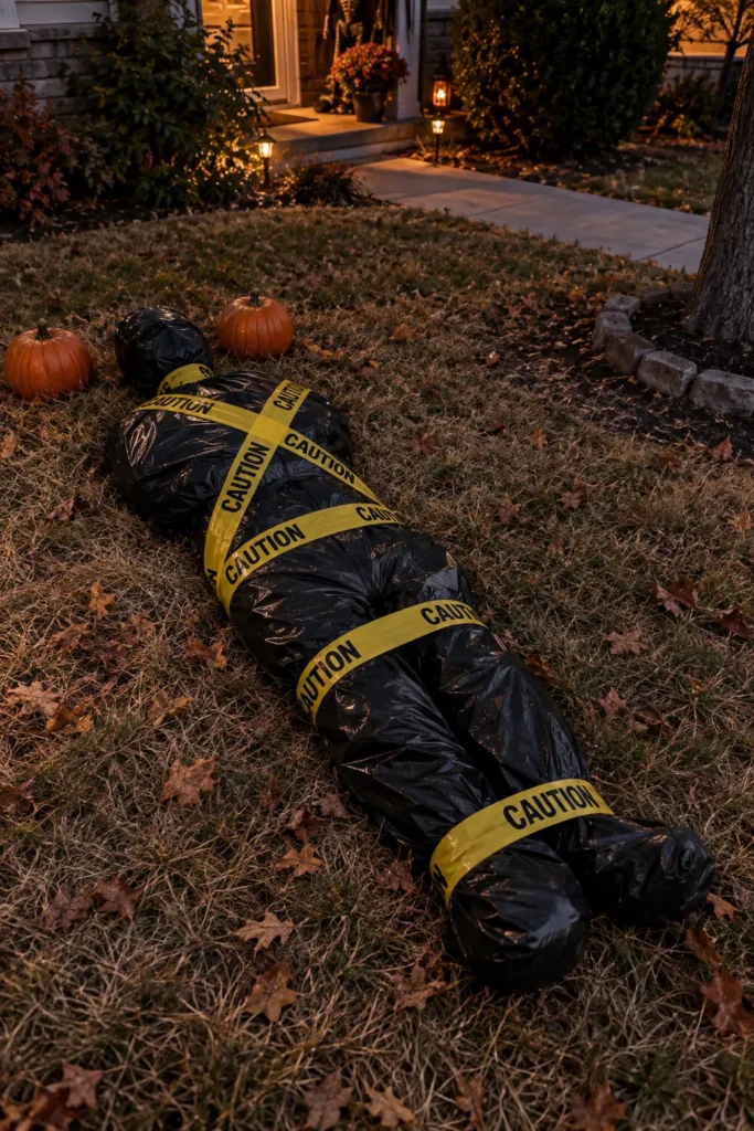 Black trash bag body wrapped in yellow caution tape on a lawn at night with pumpkins and illuminated house entrance in background