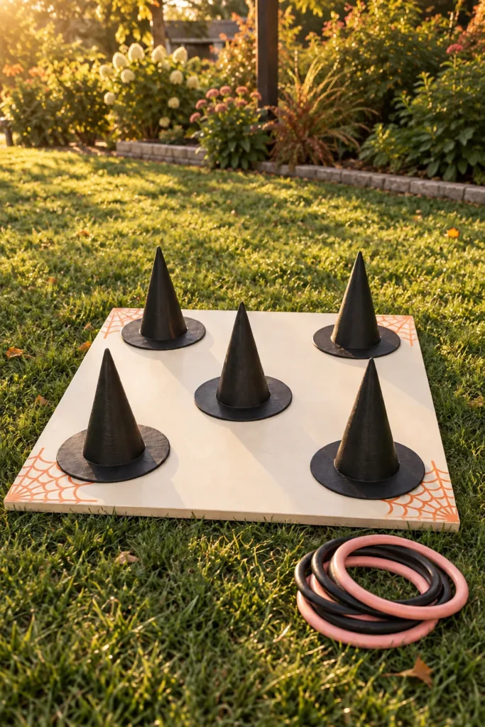 DIY Halloween cornhole game with five black cone hats on grass and pink and black rings nearby