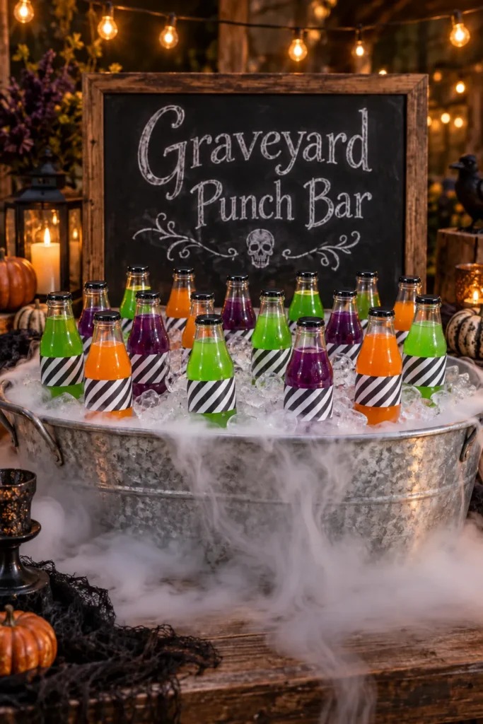 Halloween graveyard punch bar with colored drink bottles in striped holders, dry ice fog, chalkboard sign, and glowing string lights overhead