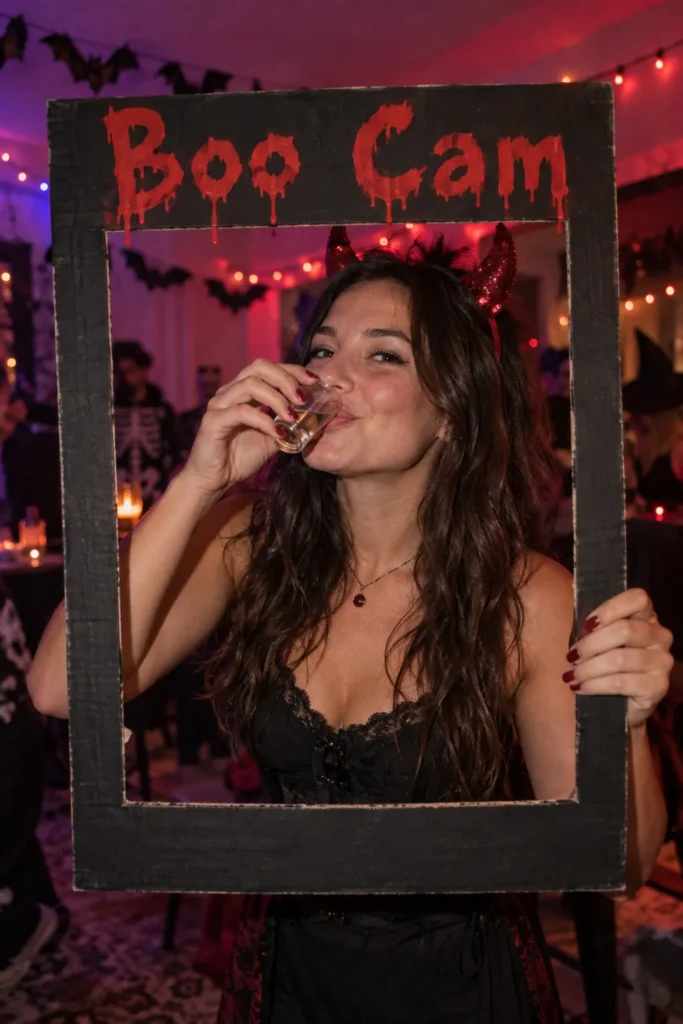 Woman posing with a DIY "Boo Cam" cardboard frame at a Halloween party with red and purple lighting and bat decorations