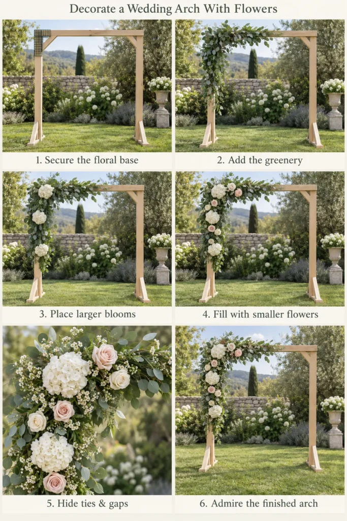 Step-by-step guide showing wooden wedding arch decorated with white hydrangeas, blush roses, and greenery in a garden setting