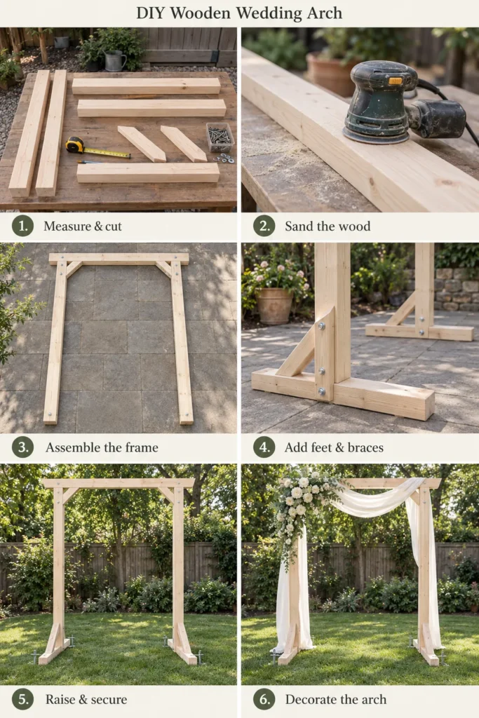 Six-step DIY wooden wedding arch guide showing cut lumber, sanding, frame assembly, adding feet and braces, securing outdoors, and decorating with fabric and flowers