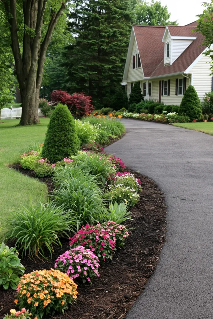 Curved driveway with flowering mums and ornamental grasses lining both sides, leading to a white Colonial-style home surrounded by mature trees